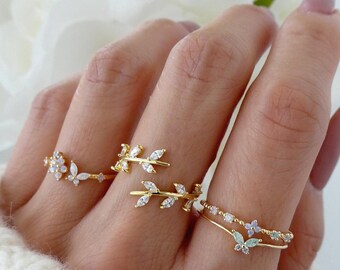 Modisches Ringset mit Kristallblättern für Frauen und Mädchen | Schmetterlings-Blumen-Design | Geburtstagsgeschenke Schmuck"