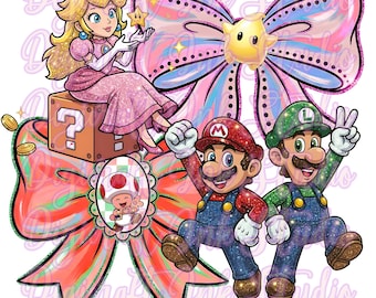 Mario Luigi Peach Glitter Coquette PNG Design for Sublimation and DTF