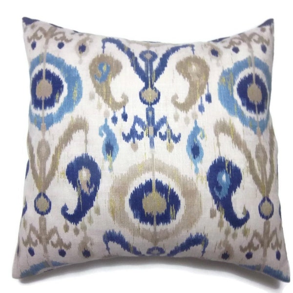 Pillow Cover Ikat Design Blue Taupe Off White Metallic Gold Same Fabric Front/Back 18 x 18 inch (s.23)                                     x