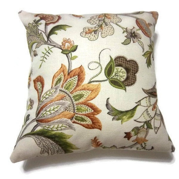 RESERVED FOR GAIL Pillow Cover Orange Rust Brown Ecru Green Floral Throw Accent  18 x 18 inch     (s. 9)