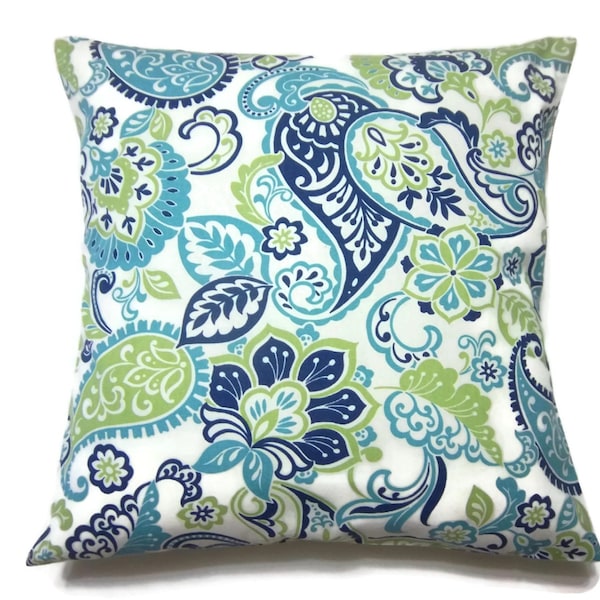 RESERVED Decorative Pillow Cover Turquoise Navy Blue Green White Paisley Same Fabric Front and Back Toss Throw Accent  18x18 inch x