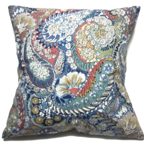 Pillow Cover Blue White Coral Gold Paisley Toss Throw Accent 18 x 18 inch  (s.20)