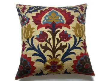 Decorative Pillow Cover Ikat Crimson Red Gold Navy Blue Light Blue Camel Same Fabric Front/Back Toss Throw Accent Cover 18x18 inch x