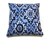 RESERVED  Decorative Pillow Cover Navy Blue Powder Blue White Ikat Damask Design Handmade Toss Throw Accent Covers 18x18 inch