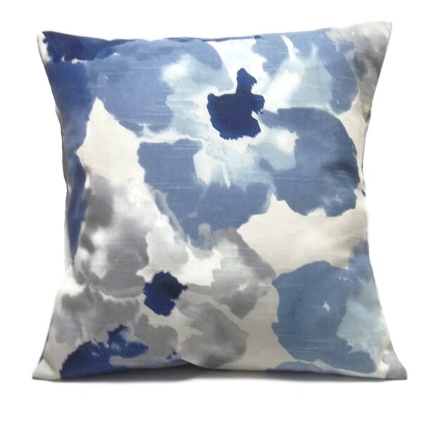 Pillow Cover Navy Blue Baby Blue Grays Big and Bold Floral Off White Toss Throw 18 x 18 inch (s.22)