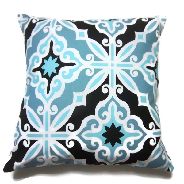 Decorative Pillow Cover Cadet Blue Turquoise Black White Damask Design Same Fabric Front/BackThrow Toss Accent 18x18 inch x