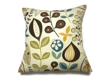 Decorative Pillow Cover Modern Floral Yellow Gold Brown Cream Blue Same Fabric Front/Back Toss Throw Accent 18x18 inch x