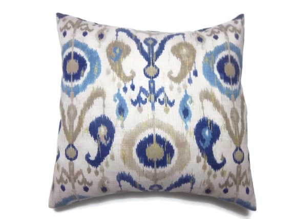 Pillow Cover Ikat Design Blue Taupe Off 2 blue tan white Ikat pillow covers