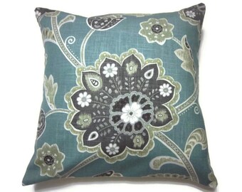 Decorative Pillow Cover Teal Charcoal Gray Moss Green White Gold Floral Design Same Fabric Front/BackPillow Toss Throw Accent 18x18 inch x