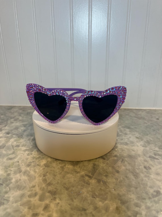 Adult/teen Neon Purple Opal Heart Cat Eye Rhinestone Sunglasses