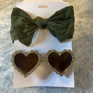Kids AB Green Rhinestone Sunglasses and Bow Set