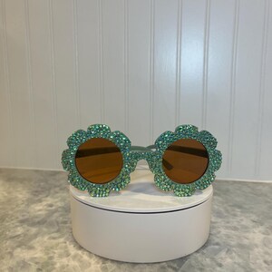 Green AB Flower Rhinestone Kids Sunglasses