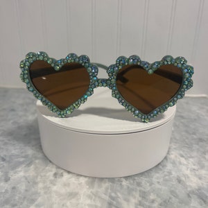 Green AB Heart Rhinestone Kids Sunglasses