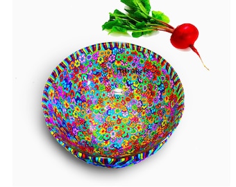 Colorful and Unique Glass And Polymer Clay Serving Salad Bowl, Handmade Fruit Display Bowl, New home present