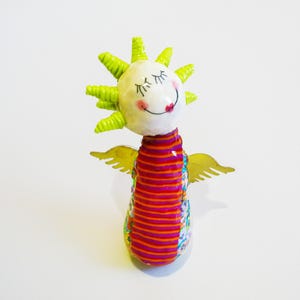 Whimsical Angel Figurine, Colorful with Metal Wings (6.5" Tall)