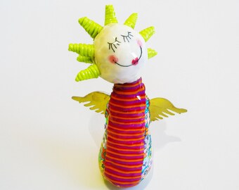 Whimsical Angel Figurine, Colorful with Metal Wings (6.5" Tall)