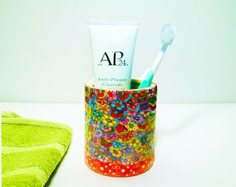 Colorful Floral Ceramic Toothbrush Cup: Handmade Bathroom Organizer