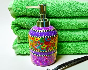 Glass Soap Dispenser - Handmade Polymer Clay Flowers, Stainless Pump