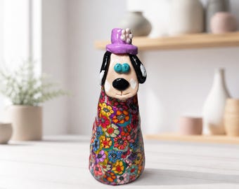 Escultura de perro hecha a mano en arcilla polimérica, decoración floral Millefiori para mascotas (5,5 pulgadas)