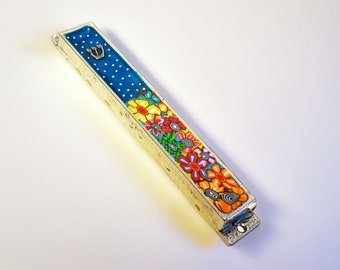 Colorful Modern Judaica Gift Metal and Polymer Clay Mezuzah Case