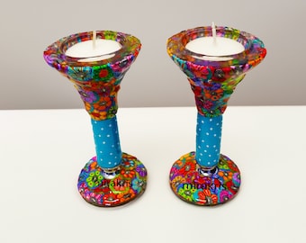 Colorful and Unique Shabbat Tea lights Candle Holder Set, Modern Glass Candlesticks Gift, Bat Mitzvah Gift