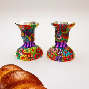 Handmade Colorful Metal and Polymer Clay Candle Holder Set: The Perfect Bat Mitzvah Gift and Jewish Shabbat Set