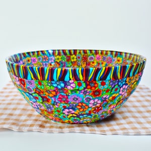 Colorful Medium Serving Glass and Polymer Clay Salad Bowl, Glass Mixing Bowl