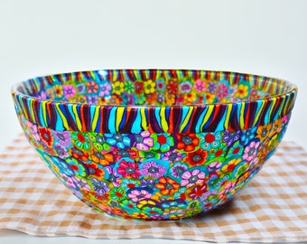 Colorful Medium Serving Glass and Polymer Clay Salad Bowl, Glass Mixing Bowl