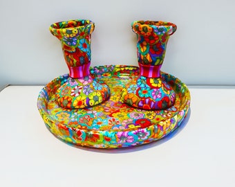 Colorful and Unique Bat Mitzvah Gift Pair of Shabbat Candlesticks And Plate, Rosh Hashanah