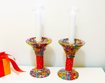 Colorful and Unique Shabbat Tea lights Candle Holder Set, Modern Red Glass Candlesticks Gift, Bat Mitzvah Gift