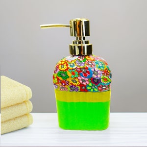Handmade Floral Polymer Clay Soap Dispenser: Stainless Steel Pump, 18 oz