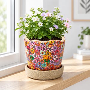 Puede incluir: Una maceta de cerámica con borde festoneado, decorada con un patrón denso y colorido de pequeñas flores pintadas en tonos rojo, naranja, amarillo, azul y morado. La maceta descansa sobre un plato circular de piedra beige claro texturizada.