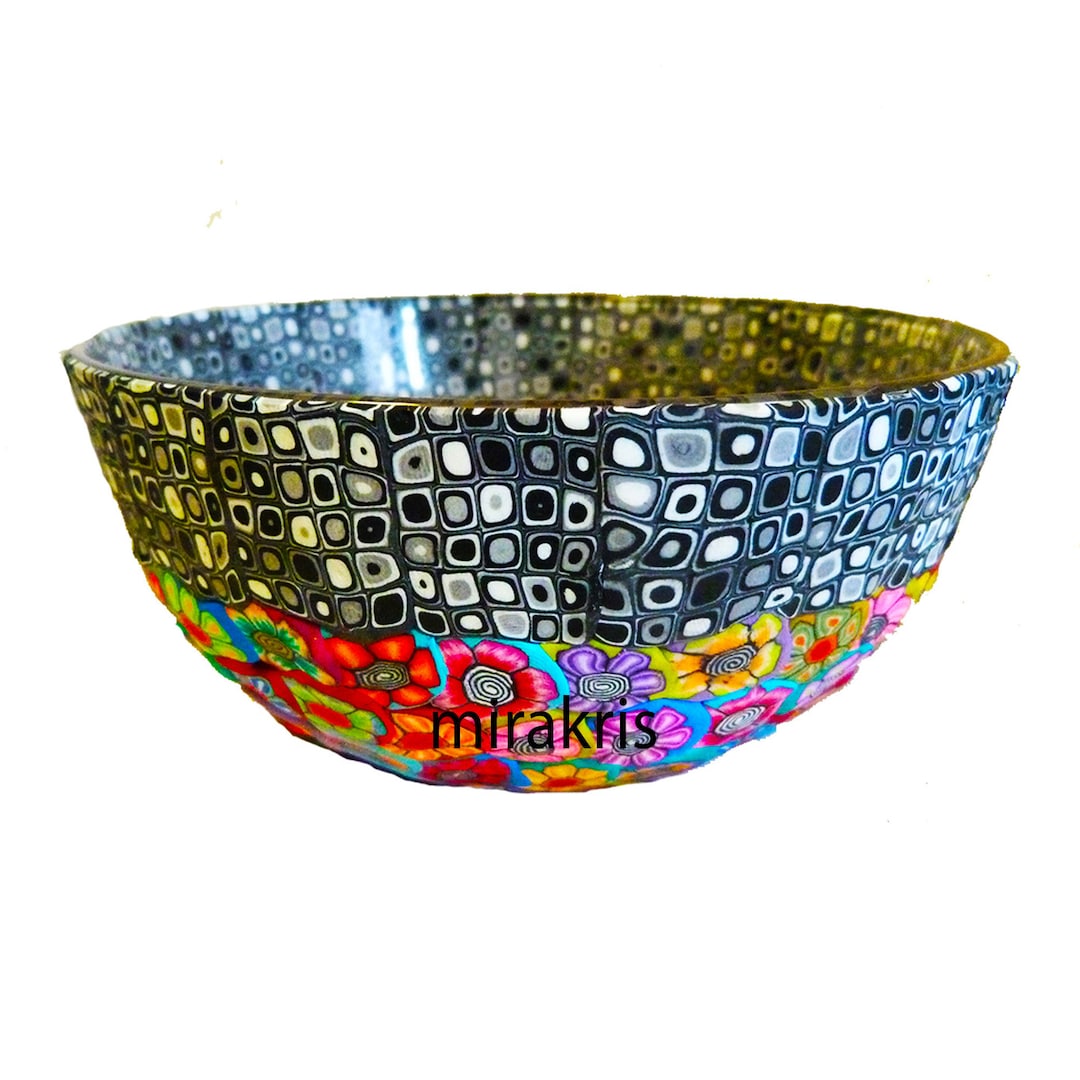 Colorful Glass Salad Bowl Decorated With Polymer Clay, Breakfast Bowl