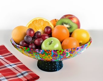 decorative bowl, pedestal fruit bowl, console table decor, iridescent bowl, hostess gift ideas