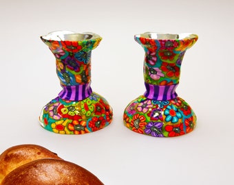 Bat Mitzvah Gift, Pair of candlesticks, Metal and Polymer Clay Candlesticks Set for Shabbat