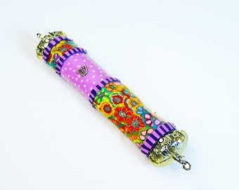 Handmade Polymer Clay Mezuzah Case: Colorful Floral Design