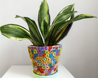 Colorful Ceramic Planter with Saucer: Handmade Floral Indoor Pot