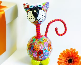 Handmade cat decor: Pop Art Polymer Clay whimsical sculpture