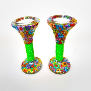 Shabbat Candlesticks – Colorful pair Glass Candle Holders for Shabbat Table and Modern Judaica Gift