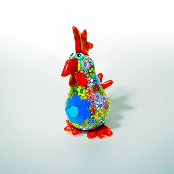 Chicken Figurines: Quirky Handmade Rooster Sculpture (Iridescent, 5.5")