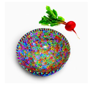 Handmade Colorful and Unique Glass bowl decorated with small Polymer Clay flowers that show inside and outside of the bowl there is 2 size 8 inches and 9 inches all the flowers is made with the Millefiori technique