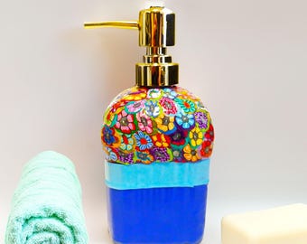 Handmade Glass Soap Dispenser, Floral Detail (Metal Pump, 18oz)