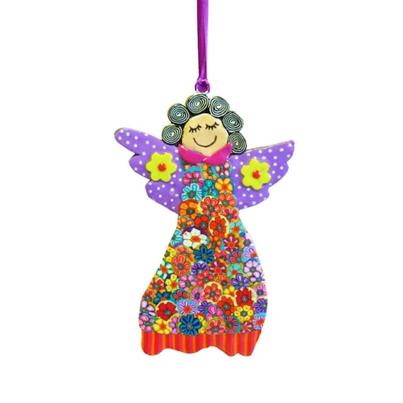Handmade Polymer Clay vibrant angel decor, Colorful Home Accent (6")