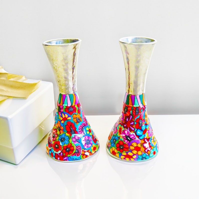 Pair Of Shabbat Candlesticks, Colorful Candle holder, Shabbat Set, Bat Mitzvah Gift image 1