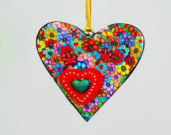 Handmade Polymer Clay Heart Wall Art, Valentine Love gift Ornament , Hanging Decor