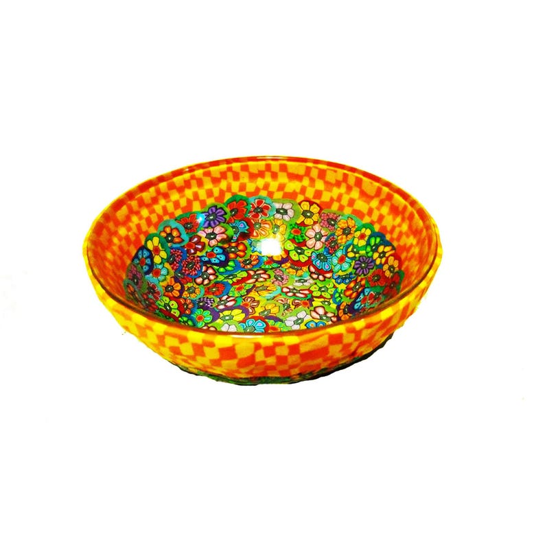 Bol de cristal colorido para aperitivos: Naranja hecho a mano con flores de arcilla polimérica imagen 3