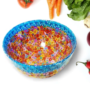 Handmade Glass Serving Bowl: Extra Large with Colorful Floral Design