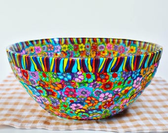 Colorful Handmade Glass Bowl – Medium Serving Dish for Salad, Pasta, or Dessert | Artistic Kitchen