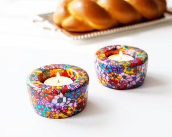 Handmade Shabbat Glass Tea light Holder set of tea lights