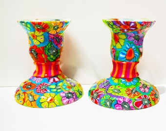 Colorful Modern Handmade Candlesticks Holder Set For Shabbat, Unique Jewish Wedding Gift, Metal and Polymer Clay Candlesticks Set